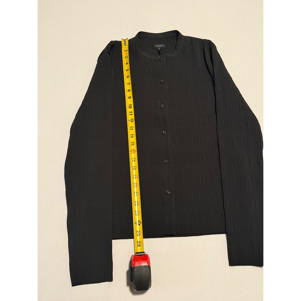 Rag & Bone Black Plisse Crinkle Button Down Band Collar Top Blouse Large - Picture 11 of 14